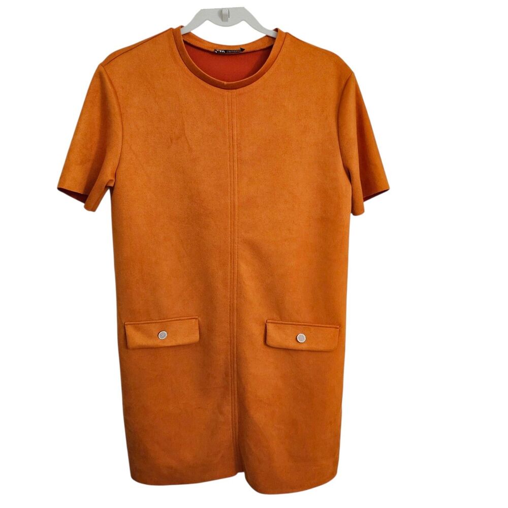 Zara Dress Medium Orange Faux Suede Mini Shift Bloggers Favorite‎ Stretch